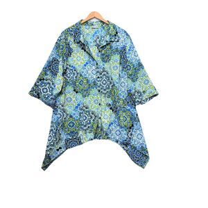 Catherines Womens Artsy Abstract Button Up Top 3X Floral 3/4 Roll‎ Tab Sleeve